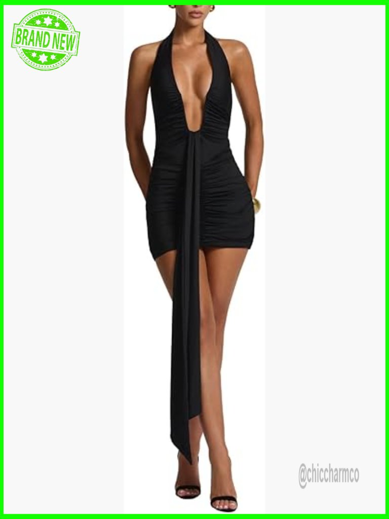 Halter Neck Mini Dress Deep V-Neck Ruched Bodycon Party